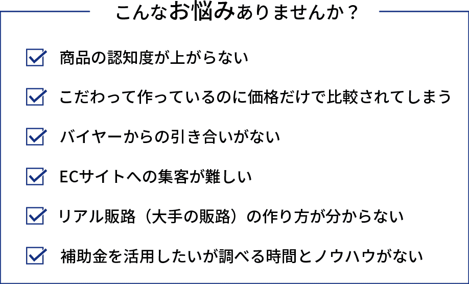 こんなお悩みありませんか？ 商品の認知度が上がらない。価格競争に巻き込まれてしまう。リアル販路（大手の販路）の作り方がわからない。補助金を活用したいが調べる時間とノウハウがない